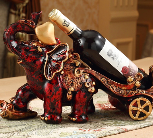 Gorgeously detailed elephant pulling cart wine bottle holder (resin)