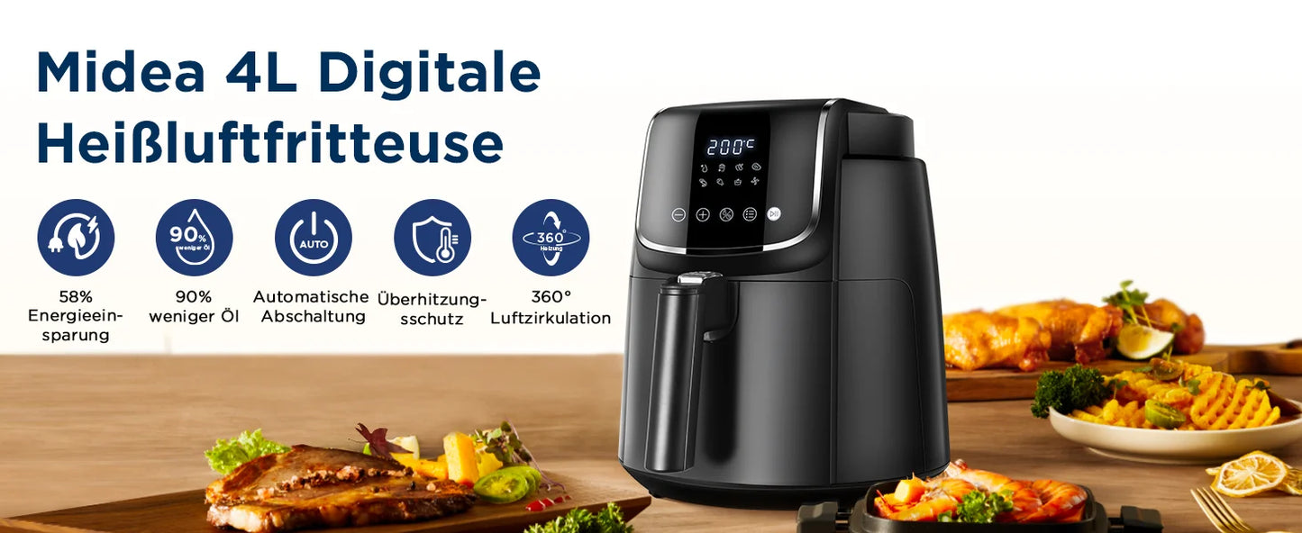 Midea Heißluftfritteuse 4L, 1500W, 8 Programme, 35-200°C, Öl-frei, Backen, Grillen, Auftauen, Shake-Alarm