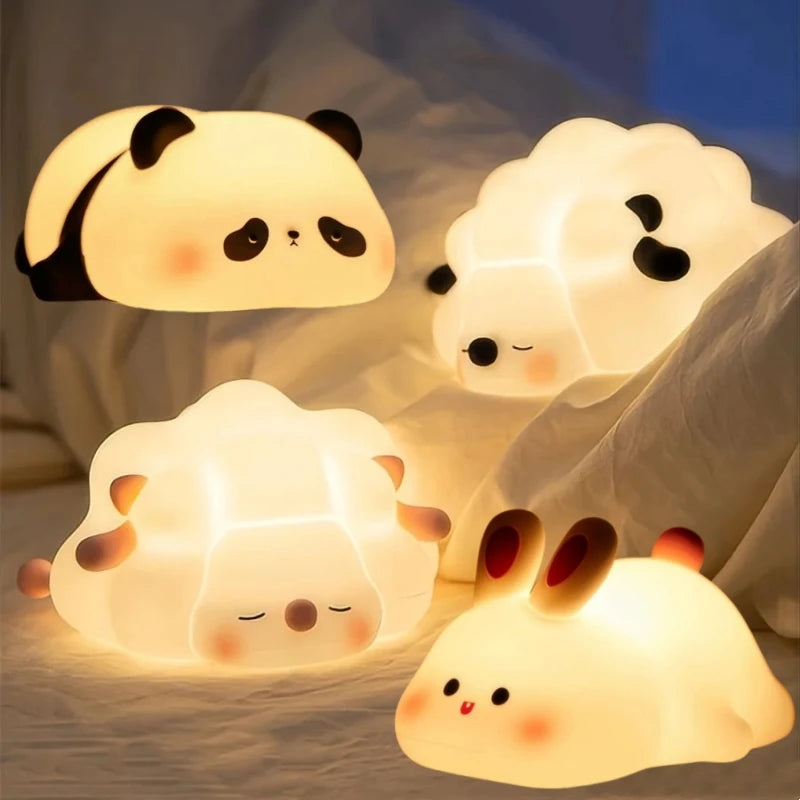 Niedliche LED Nachtlichter: Panda, Schaf, Hase – Silikon, USB-Aufladbar, für Kinderzimmer & Geschenke