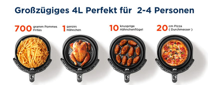 Midea Heißluftfritteuse 4L, 1500W, 8 Programme, 35-200°C, Öl-frei, Backen, Grillen, Auftauen, Shake-Alarm