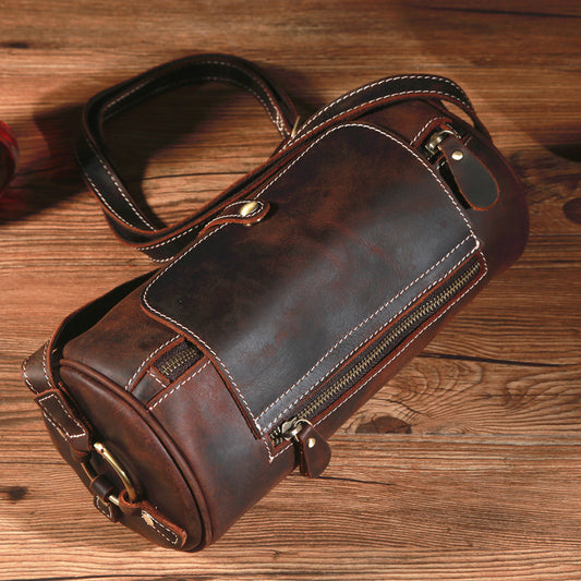 Retro Crazy Horse Leather Round Barrel Genuine Leather Shoulder Men's Messenger Bag
